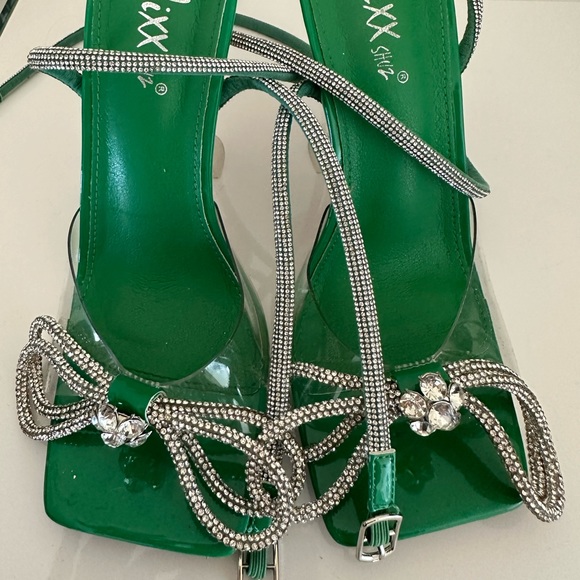 EMBELLISHED BOW STRAP HIGH HEELS GREEN 7.5 - Picture 8 of 11
